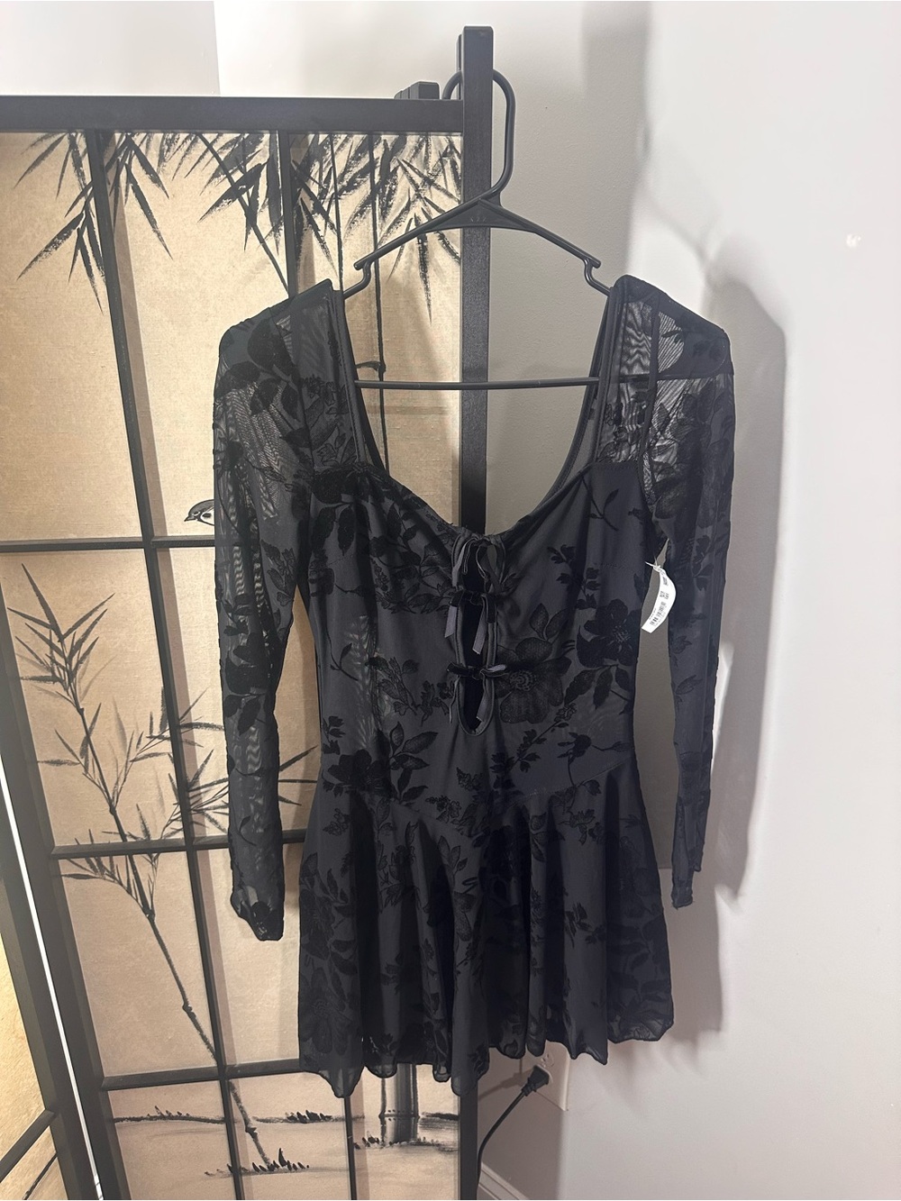 Olive Ole Black Floral Flocked Mesh Babydoll Dress